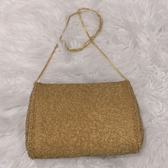 HAND MADE beaded evening bag/clutch flap snap closure goldtone strap women’s - Picture 2 of 12
